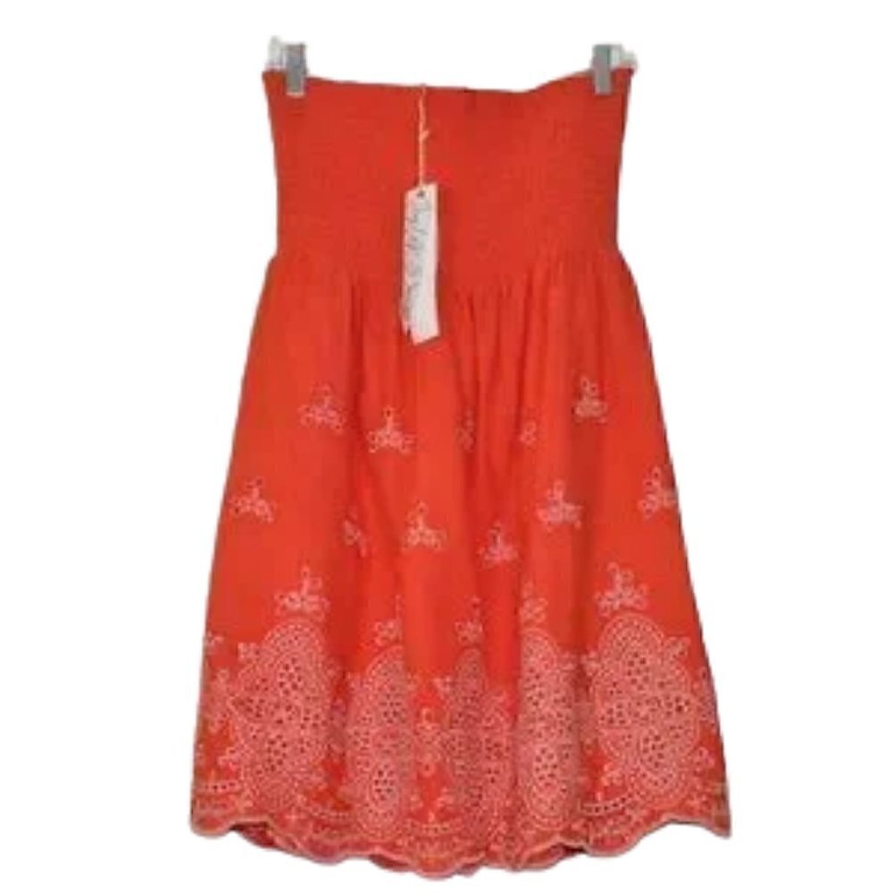 Taylor & Sage Smocked Strapless Eyelet Hem Cotton Mini Dress Orange Size Med